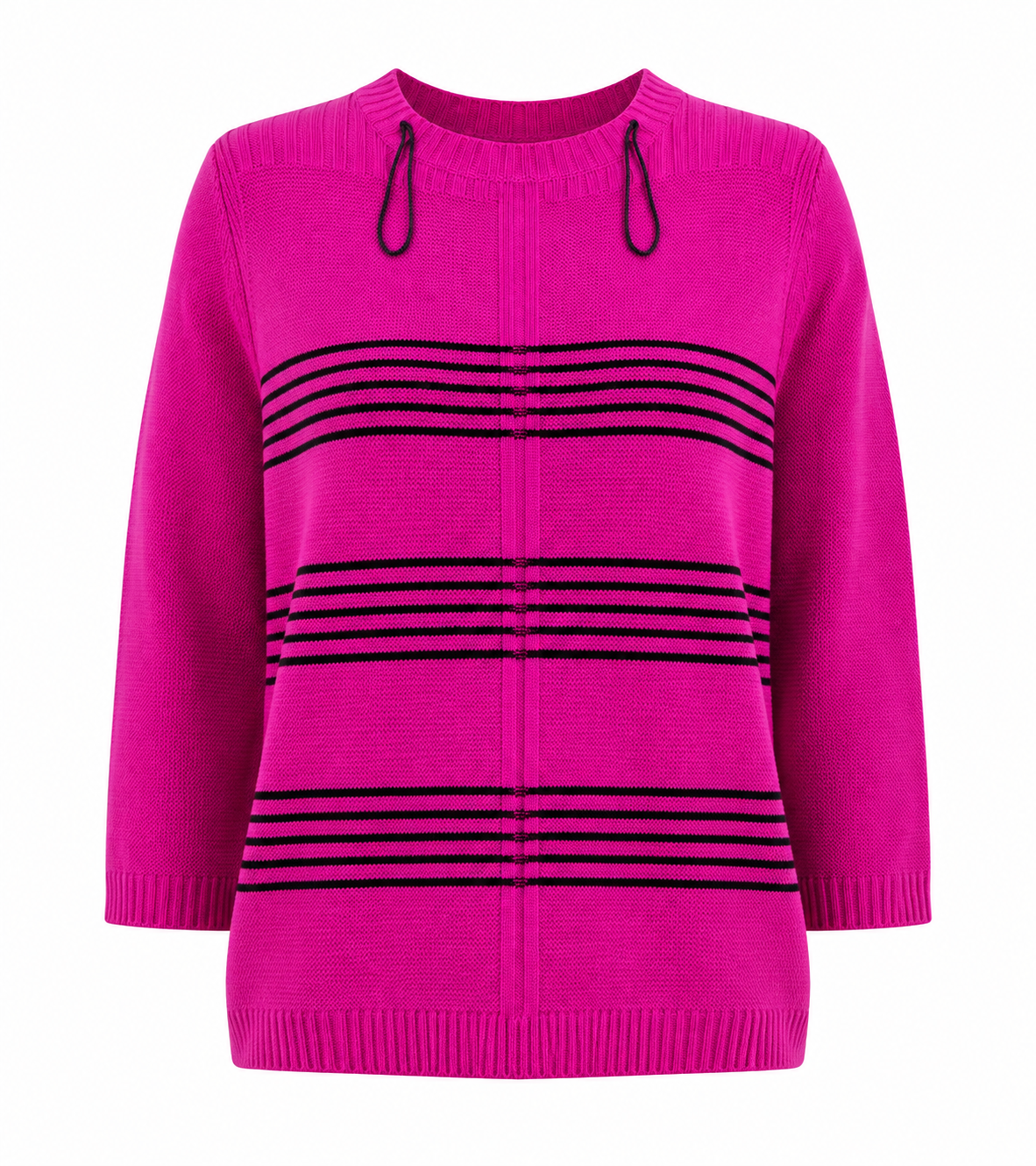 BASSINI pink knit sweater in UK size M, featuring stylish black horizontal stripes, long sleeves, ribbed detailing and a comfortable casual fit.