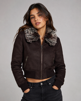 BAY Girls Dark Chocolate Brown Faux Suede Cropped Jacket with Faux Fur Collar