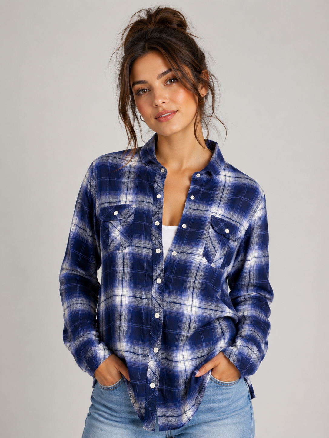  BC Clothing women’s blue and white checked flannel shirt, UK size M. Long sleeve casual plaid shirt with button pockets, perfect for everyday styling.