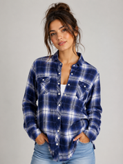  BC Clothing women’s blue and white checked flannel shirt, UK size M. Long sleeve casual plaid shirt with button pockets, perfect for everyday styling.