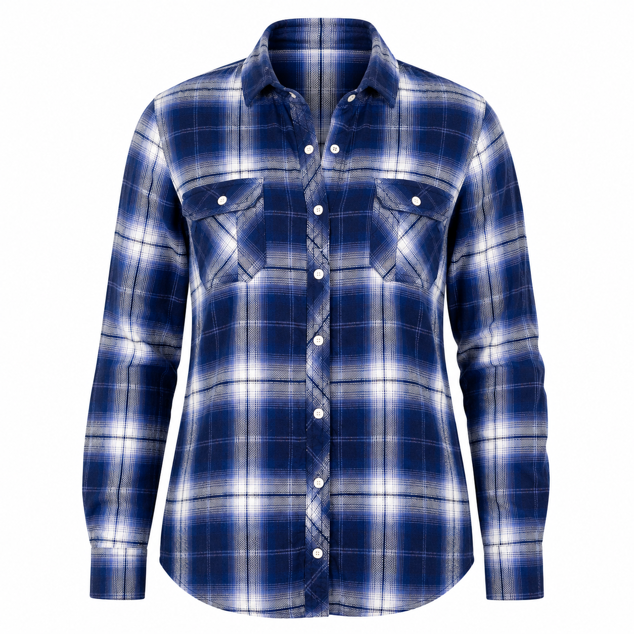  BC Clothing women’s blue and white checked flannel shirt, UK size M. Long sleeve casual plaid shirt with button pockets, perfect for everyday styling.