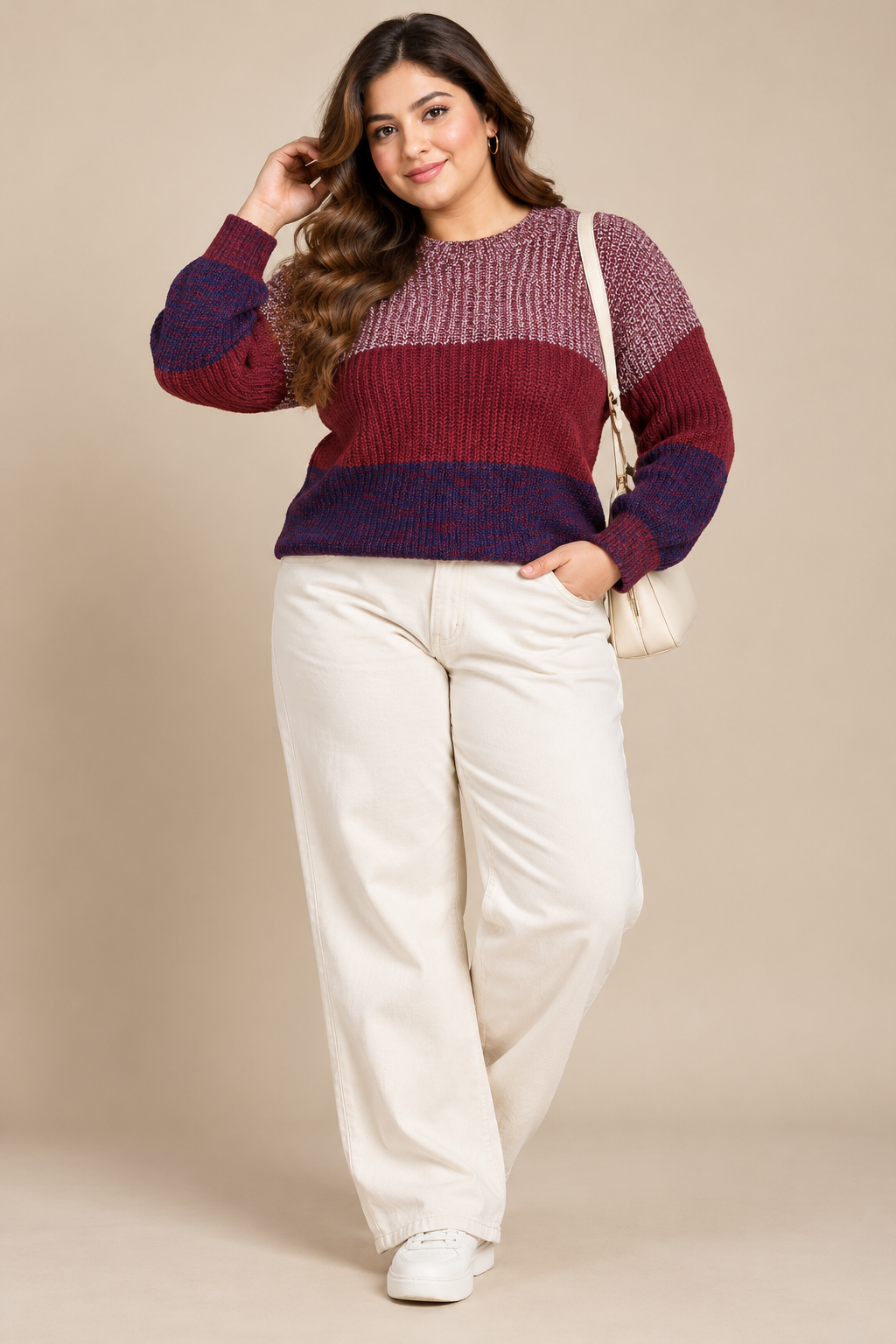 BDG Women's Colour Block Chunky Knit Jumper in Burgundy & Navy Blue, UK Size 3XL. Stylish, comfortable knitwear for autumn and winter.