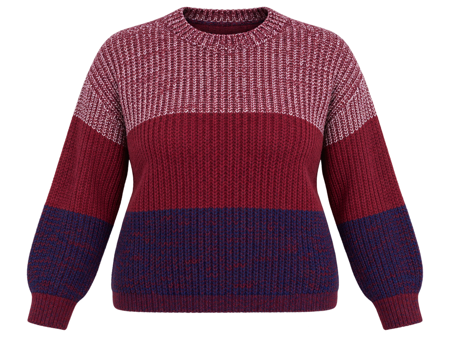 BDG Women's Colour Block Chunky Knit Jumper in Burgundy & Navy Blue, UK Size 3XL. Stylish, comfortable knitwear for autumn and winter.