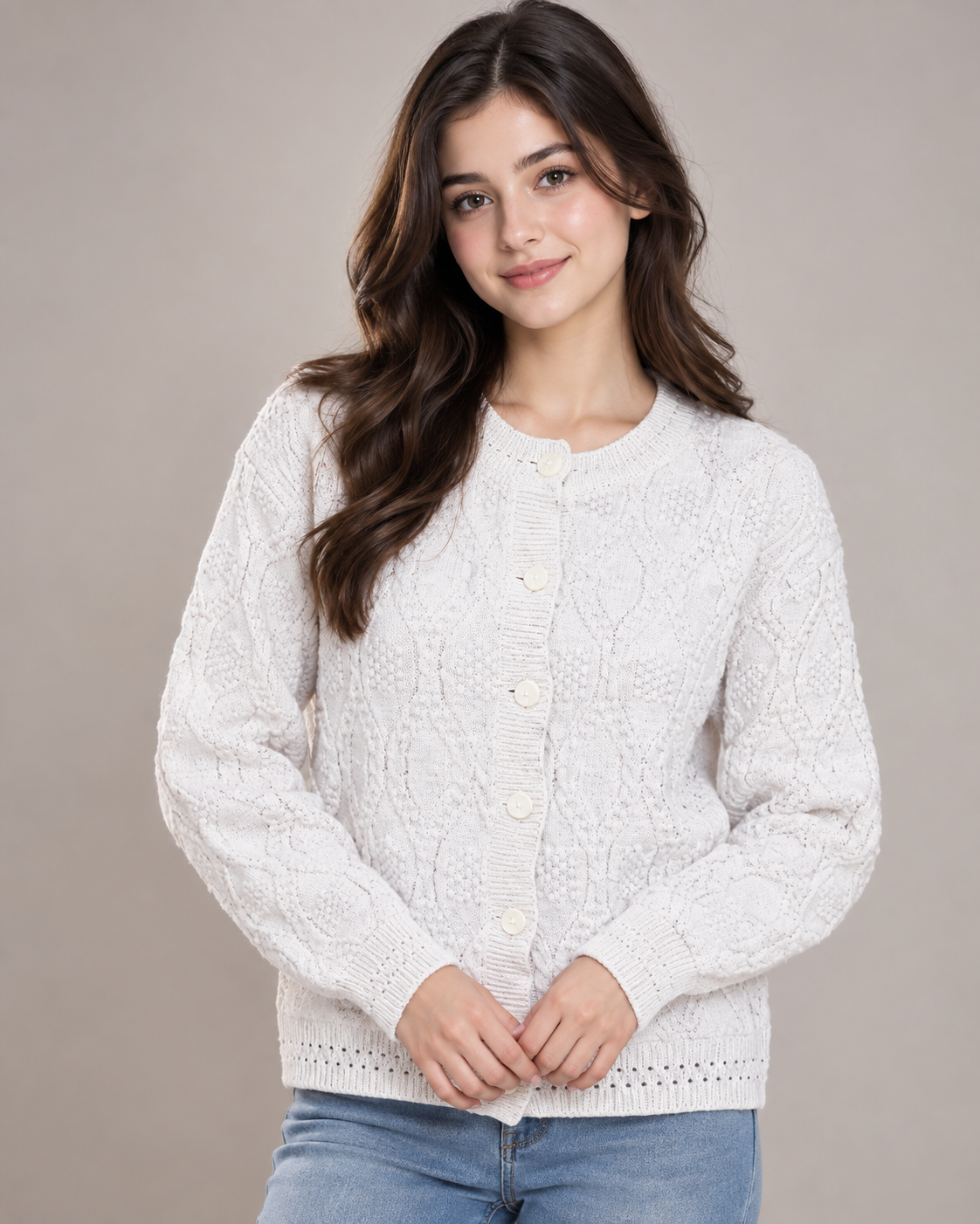 12. Classic button-front design with textured knit, long sleeves and front pockets.