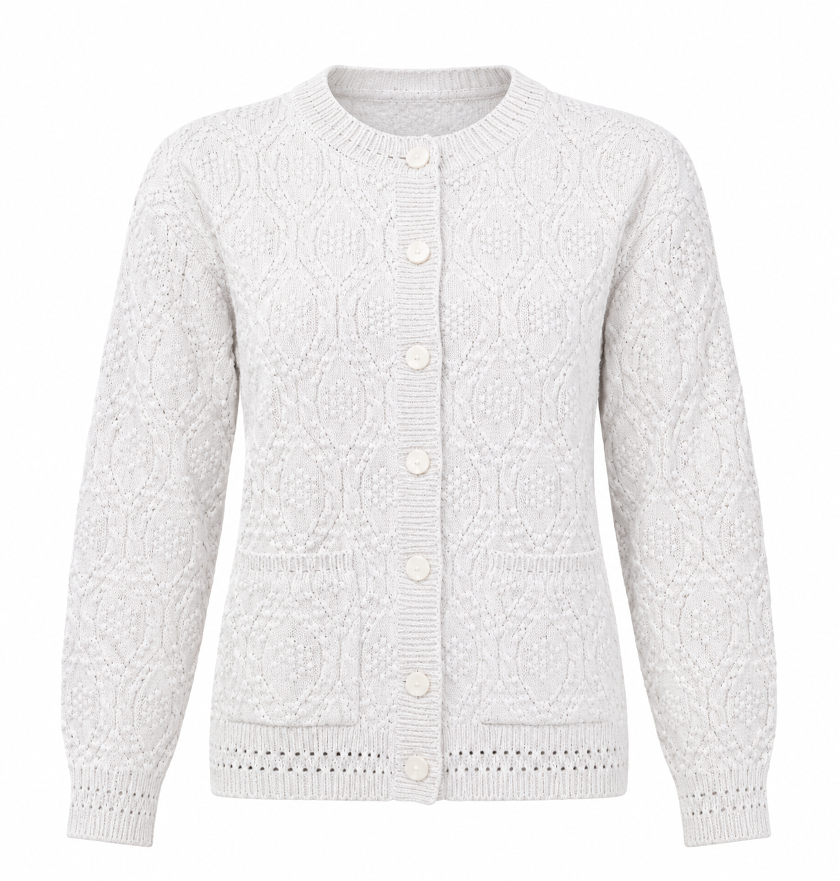  Beaumonde women’s ivory cable knit cardigan in UK size 10/12. Classic button-front design with textured knit, long sleeves and front pockets.