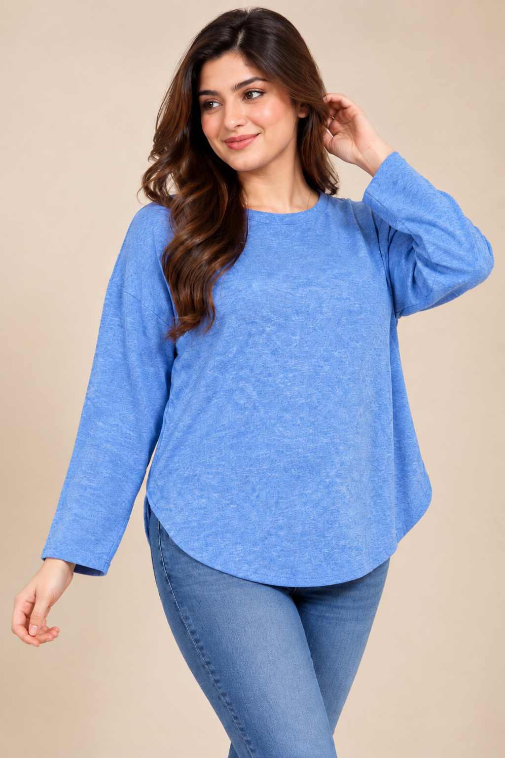 the BELOVED Women’s Blue Long Sleeve Top in UK Size XL, featuring a relaxed fit, round neckline and stylish curved hem for comfortable everyday wear.