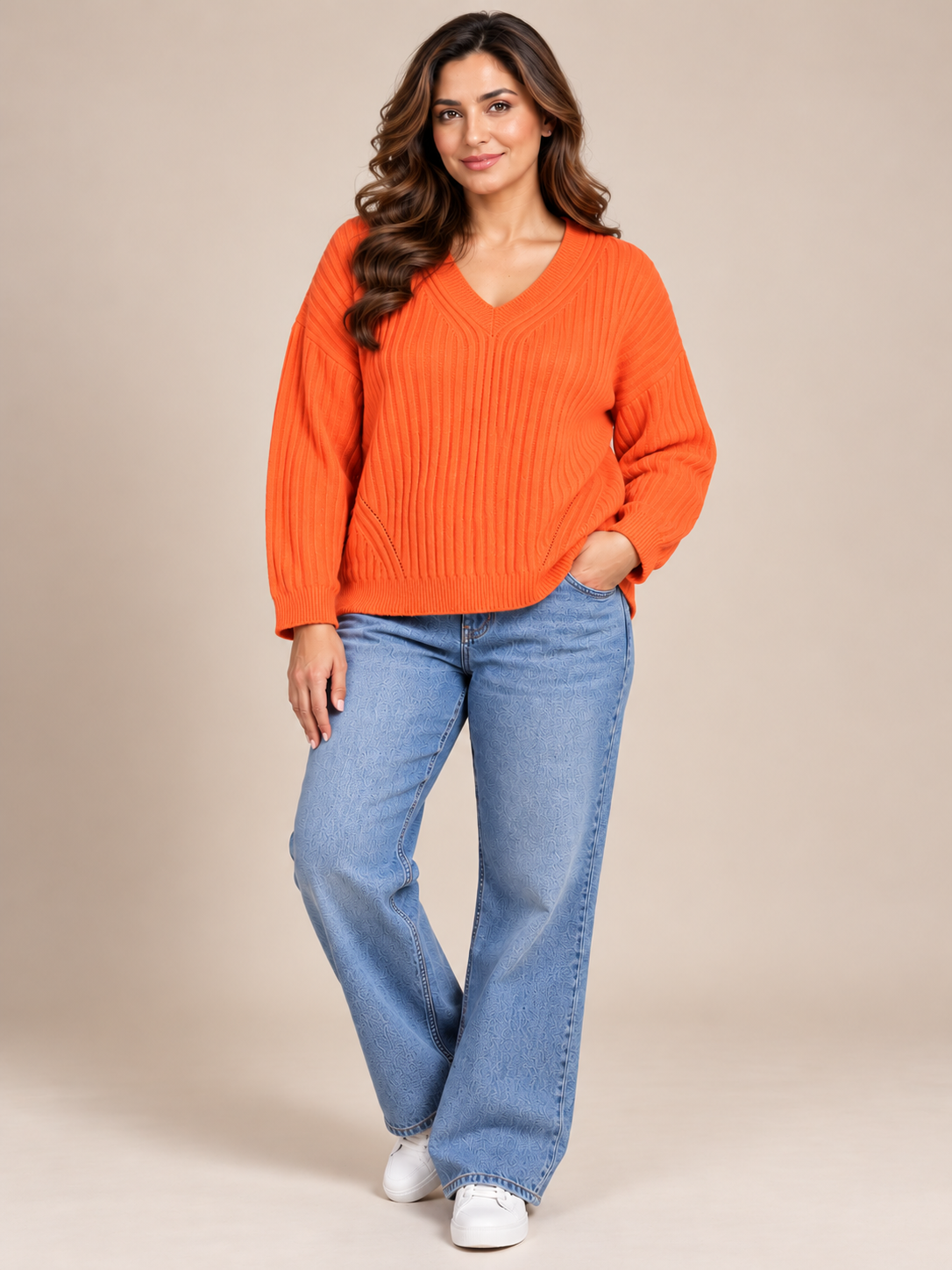 Beloved Women's Coral Peach Ribbed V-Neck Knit Jumper in UK Size XXL. Stylish relaxed-fit knitwear with long sleeves, perfect for casual wear.