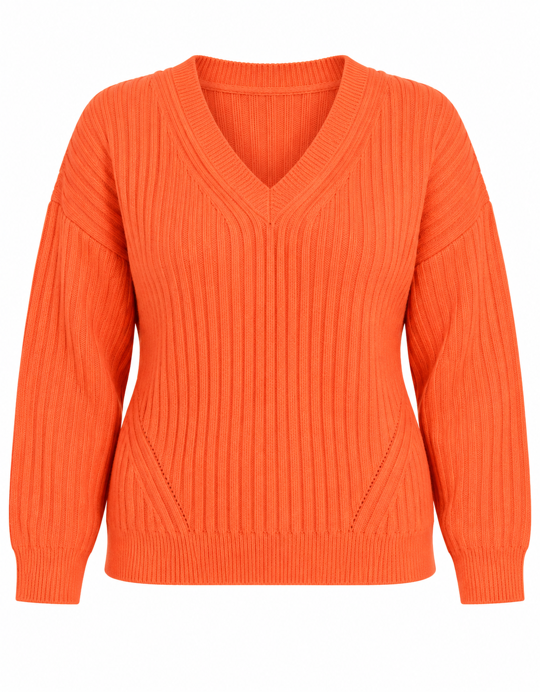 Beloved Women's Coral Peach Ribbed V-Neck Knit Jumper in UK Size XXL. Stylish relaxed-fit knitwear with long sleeves, perfect for casual wear.