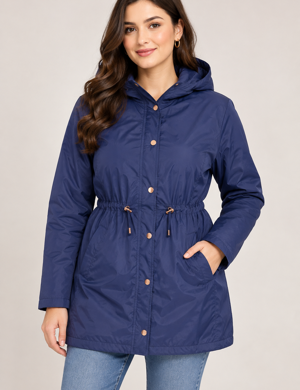   Beloved women’s navy blue hooded parka coat in UK size 18, featuring a drawstring waist, long sleeves, hood and practical side pockets.