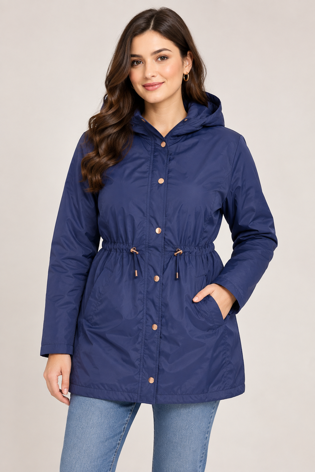   Beloved women’s navy blue hooded parka coat in UK size 18, featuring a drawstring waist, long sleeves, hood and practical side pockets.