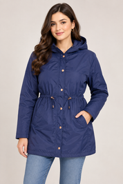   Beloved women’s navy blue hooded parka coat in UK size 18, featuring a drawstring waist, long sleeves, hood and practical side pockets.