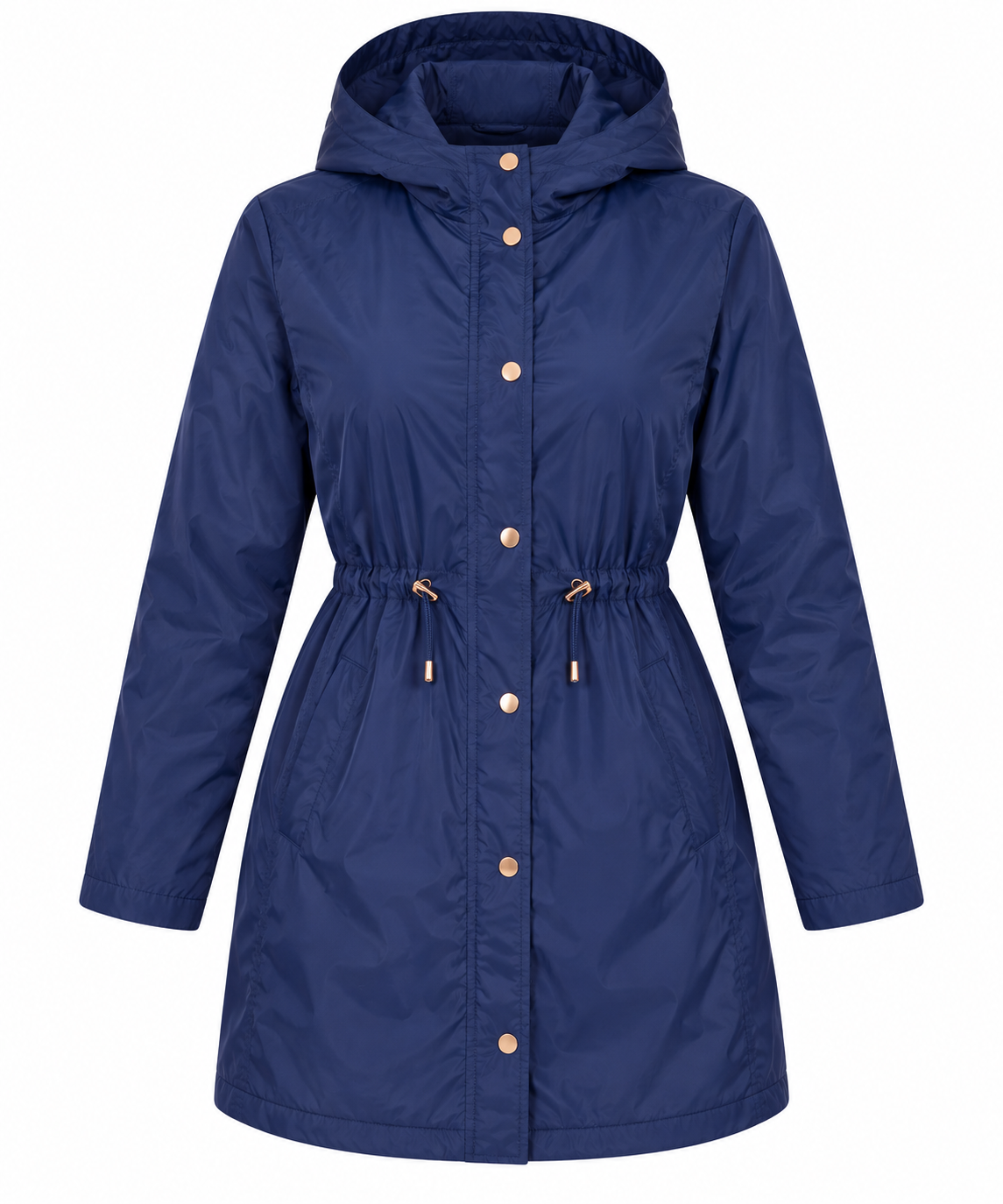   Beloved women’s navy blue hooded parka coat in UK size 18, featuring a drawstring waist, long sleeves, hood and practical side pockets.