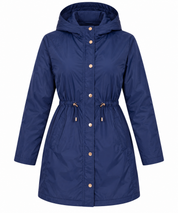   Beloved women’s navy blue hooded parka coat in UK size 18, featuring a drawstring waist, long sleeves, hood and practical side pockets.