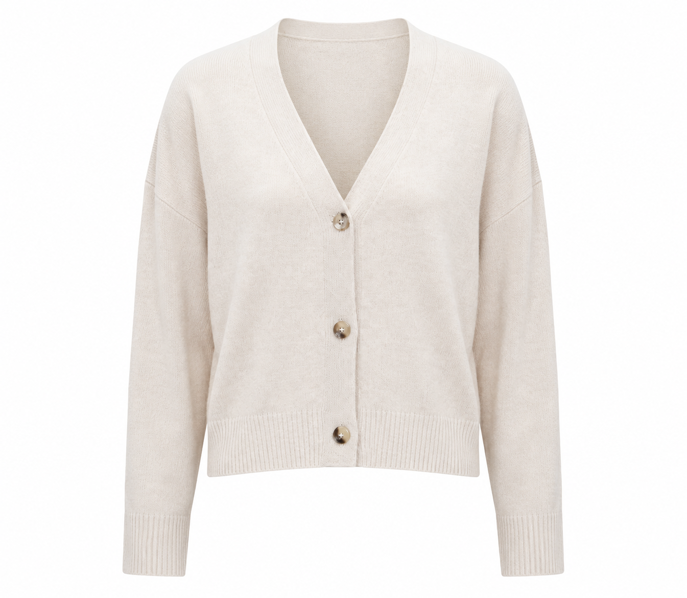  Beloved women’s cream V-neck knit cardigan, UK size L. Stylish button-front design with long sleeves and ribbed details, perfect for versatile layering.