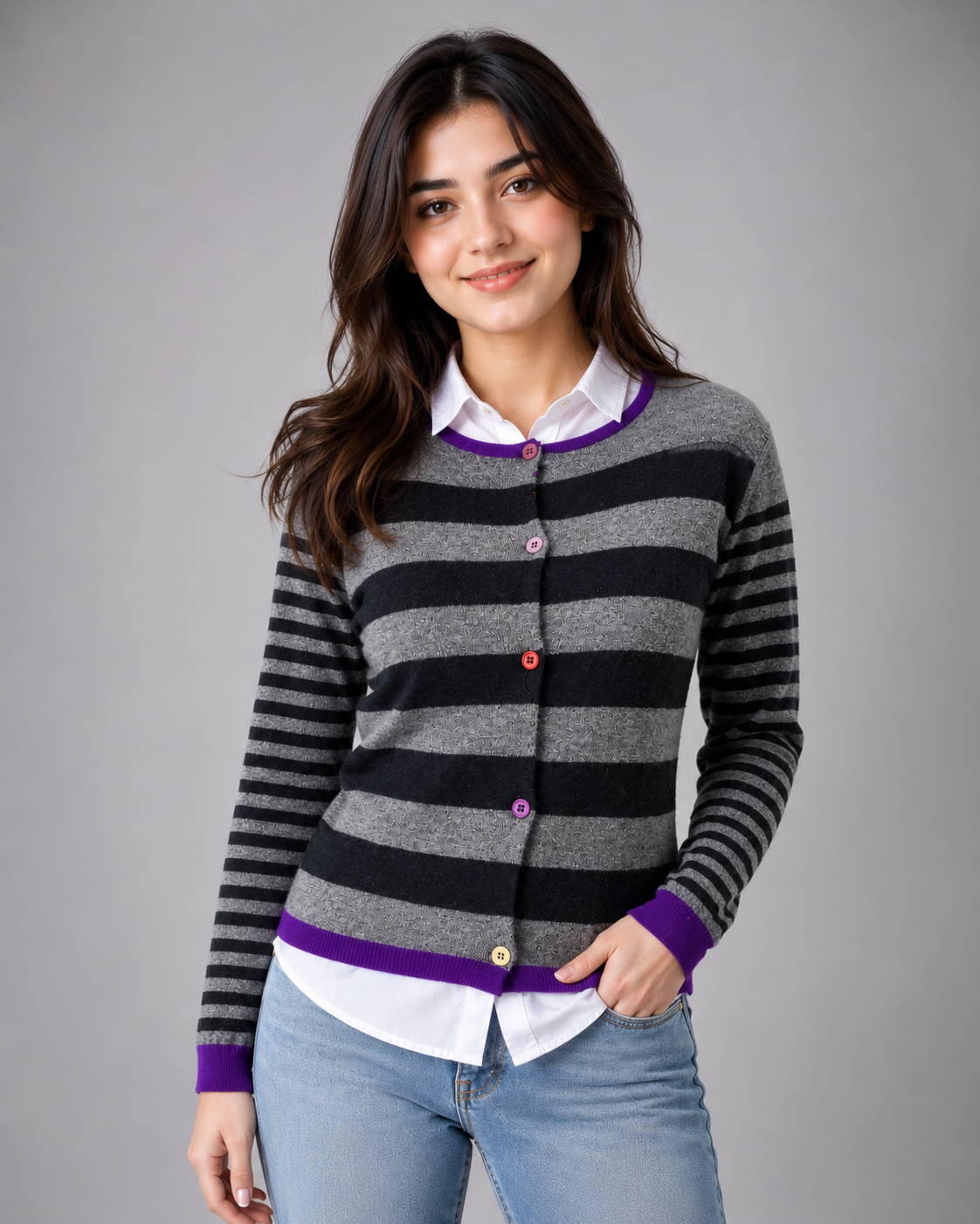  Benedetta.b Women's Grey & Black Striped Knit Cardigan featuring soft knit fabric, colorful buttons, purple ribbed trim, and a comfortable button-up design. Perfect for casual and everyday fashion.