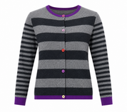  Benedetta.b Women's Grey & Black Striped Knit Cardigan featuring soft knit fabric, colorful buttons, purple ribbed trim, and a comfortable button-up design. Perfect for casual and everyday fashion.