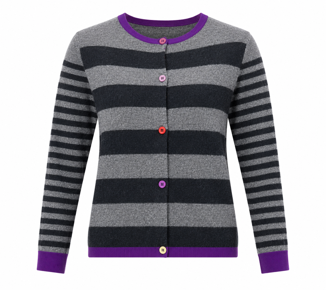  Benedetta.b Women's Grey & Black Striped Knit Cardigan featuring soft knit fabric, colorful buttons, purple ribbed trim, and a comfortable button-up design. Perfect for casual and everyday fashion.