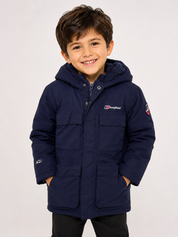 Berghaus boys navy padded hooded jacket in UK size 5–6 years. Warm fleece-lined hood, multiple pockets and practical winter design.