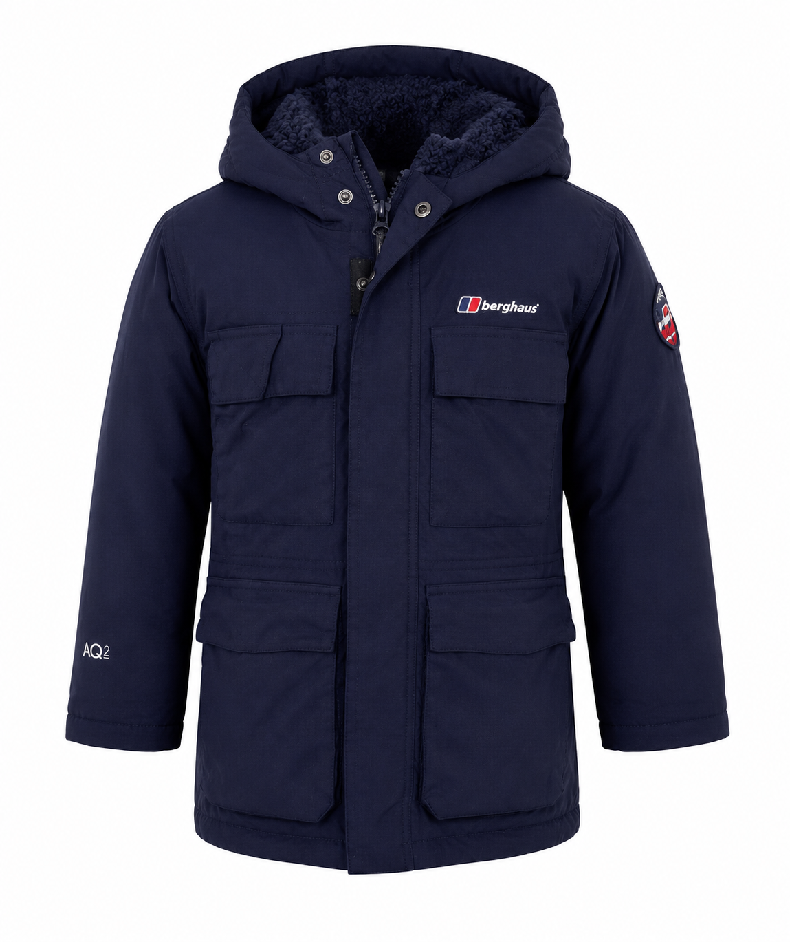 Berghaus boys navy padded hooded jacket in UK size 5–6 years. Warm fleece-lined hood, multiple pockets and practical winter design.