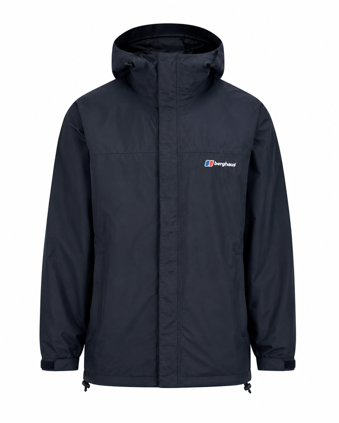 Berghaus Men’s Waterproof Hooded Jacket in Navy/Black, UK XXL. Featuring a hood, storm flap, adjustable cuffs, side pockets and outdoor-inspired styling.