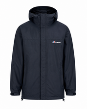  Berghaus Men’s Waterproof Hooded Jacket in Navy/Black, UK XXL. Featuring a hood, storm flap, adjustable cuffs, side pockets and outdoor-inspired styling.