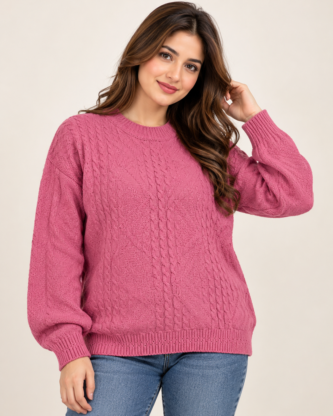 BERKERTEX Women’s Pink Cable Knit Jumper in UK Size XL. A cozy long-sleeve knitted sweater with textured detailing, perfect for casual and winter wear.