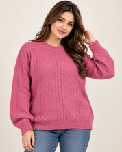 BERKERTEX Women’s Pink Cable Knit Jumper in UK Size XL. A cozy long-sleeve knitted sweater with textured detailing, perfect for casual and winter wear.