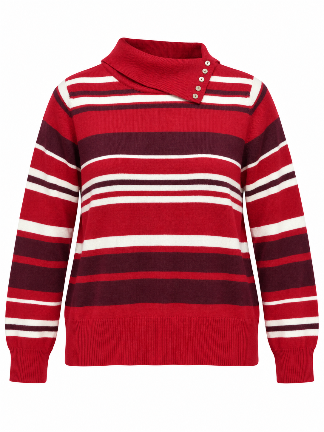   Berkertex women’s striped jumper in UK size M, featuring red, burgundy and ivory stripes, a button neck and ribbed trims.