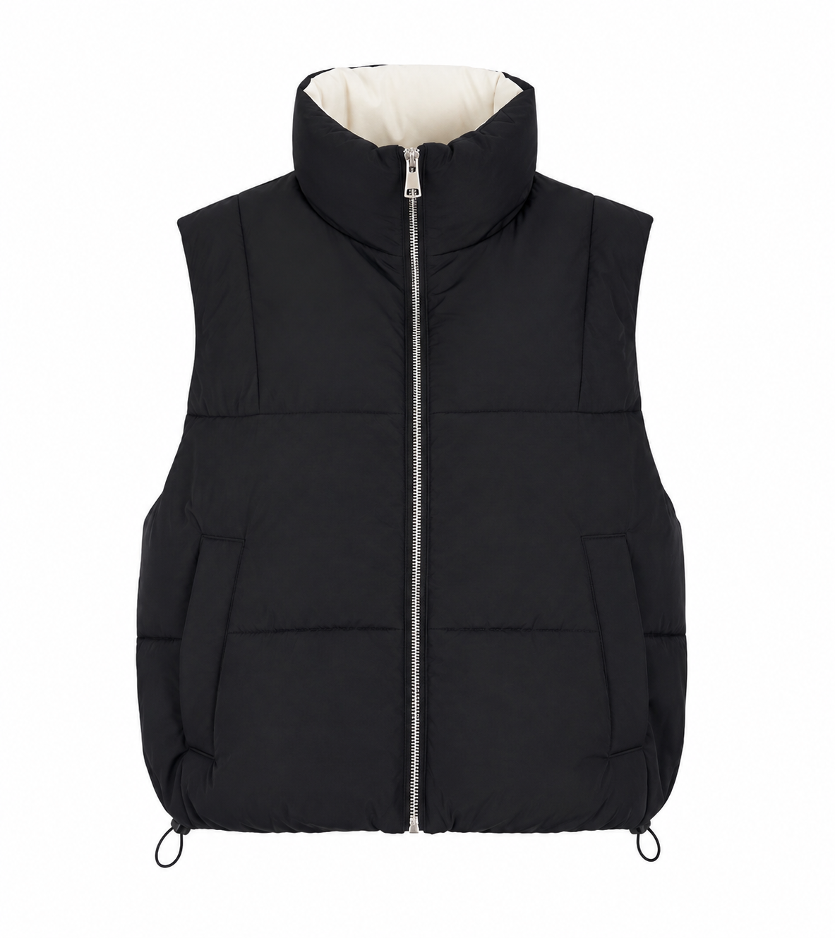  Bershka black padded puffer gilet in UK size M. Stylish sleeveless bodywarmer with high collar, front zip and practical pockets.