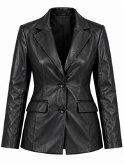 BERSHKA Women's Black Faux Leather Blazer Jacket in UK Size M. Stylish tailored fit, two-button closure and flap pockets. Perfect for smart-casual wear.
