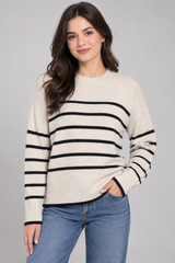 Bershka Women Cream & Black Striped Knit Sweater