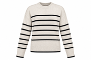  Bershka Women’s Cream & Black Striped Knit Sweater, UK Size L. Stylish long-sleeve jumper with classic stripes, crew neck and comfortable knit design.