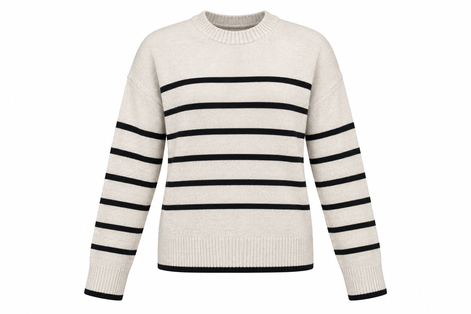  Bershka Women’s Cream & Black Striped Knit Sweater, UK Size L. Stylish long-sleeve jumper with classic stripes, crew neck and comfortable knit design.