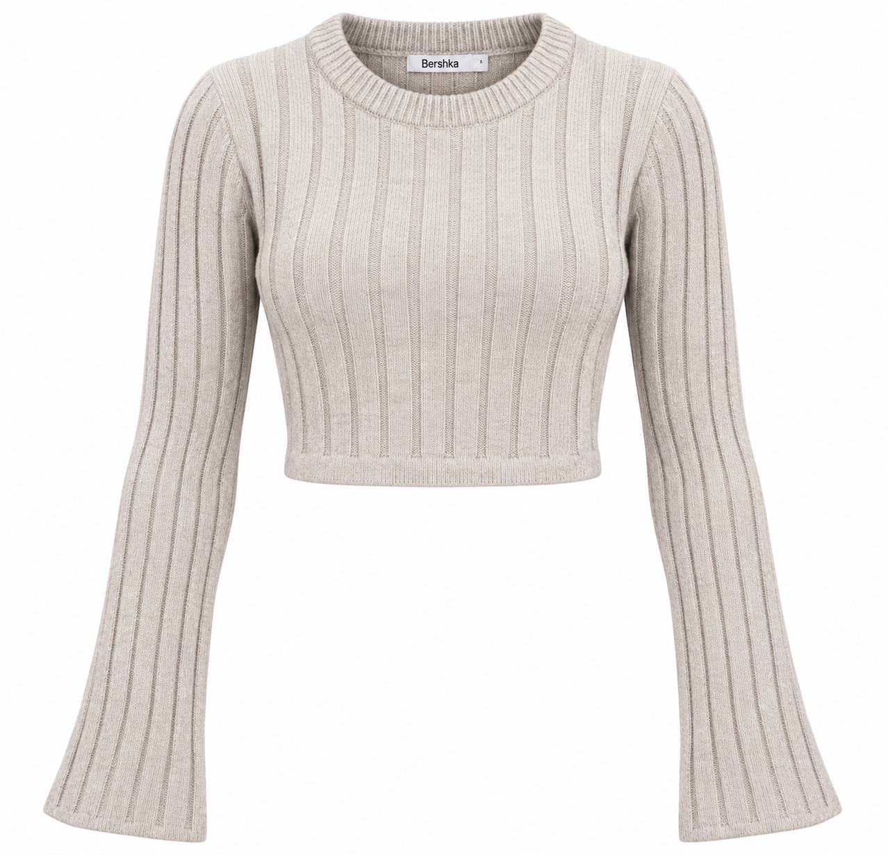  Bershka women’s beige ribbed crop knit top in UK Size M. Stylish long flared sleeves, crew neck and fitted cropped design. Original UK fashion.