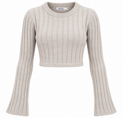  Bershka women’s beige ribbed crop knit top in UK Size M. Stylish long flared sleeves, crew neck and fitted cropped design. Original UK fashion.