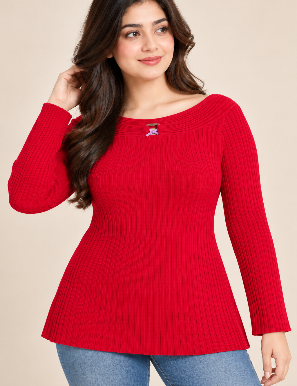 BHS women’s red ribbed knit jumper in UK Size L. Features a wide boat neckline, long sleeves and elegant front detail. Stylish UK imported fashion.