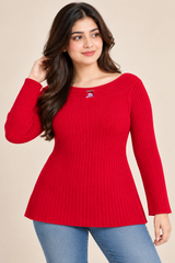 BHS Women Red Ribbed Knit Boat Neck Jumper