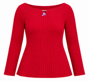 BHS women’s red ribbed knit jumper in UK Size L. Features a wide boat neckline, long sleeves and elegant front detail. Stylish UK imported fashion.