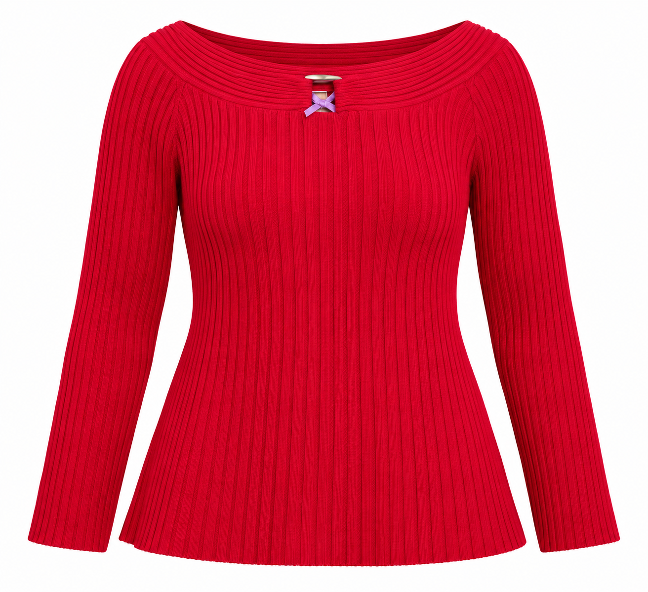 BHS women’s red ribbed knit jumper in UK Size L. Features a wide boat neckline, long sleeves and elegant front detail. Stylish UK imported fashion.