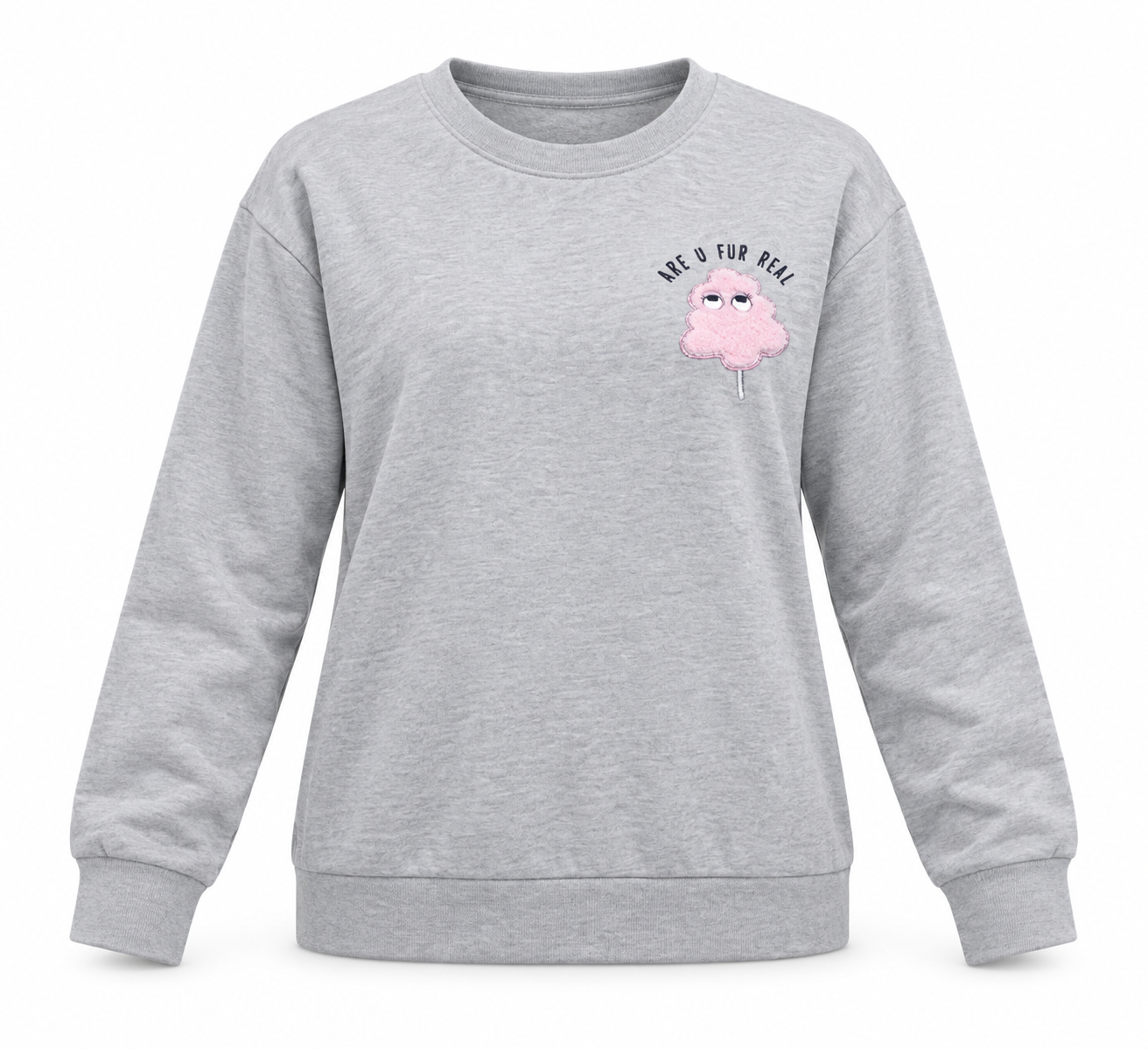   Blake Seven women’s grey graphic sweatshirt in UK size M, featuring a playful pink chest motif, crew neck and long sleeves for casual styling.