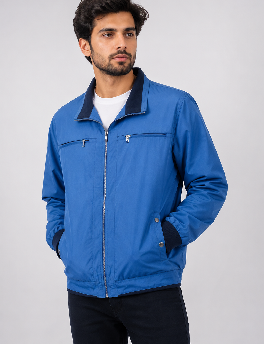  BLUE REBORN Men's Blue Zip-Up Jacket in XL. Featuring dual zip pockets, lightweight construction, and a stylish stand-up collar, this premium casual jacket is perfect for everyday wear, travel, work, and smart casual occasions.