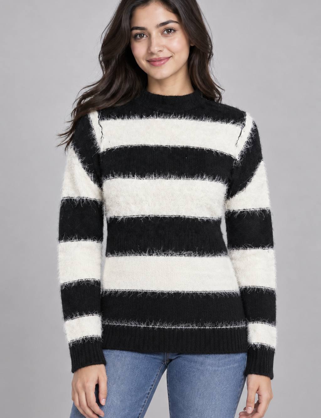   Blue Steel black and white fuzzy striped knit jumper in UK size M. Soft long-sleeve mock-neck sweater, ideal for cosy casual styling.