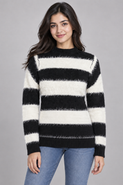   Blue Steel black and white fuzzy striped knit jumper in UK size M. Soft long-sleeve mock-neck sweater, ideal for cosy casual styling.