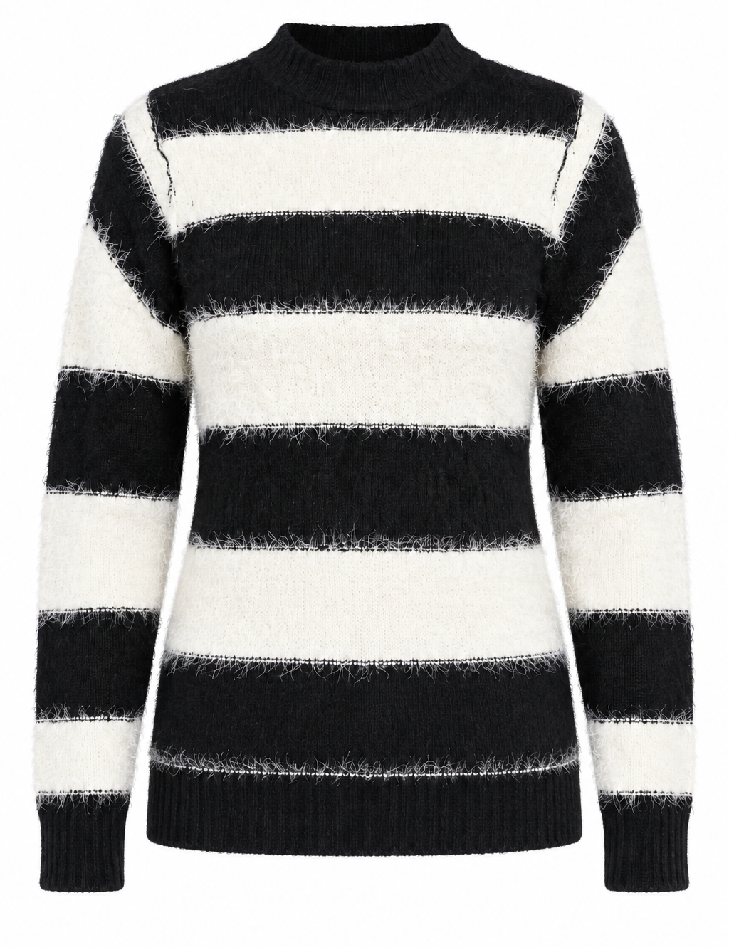   Blue Steel black and white fuzzy striped knit jumper in UK size M. Soft long-sleeve mock-neck sweater, ideal for cosy casual styling.