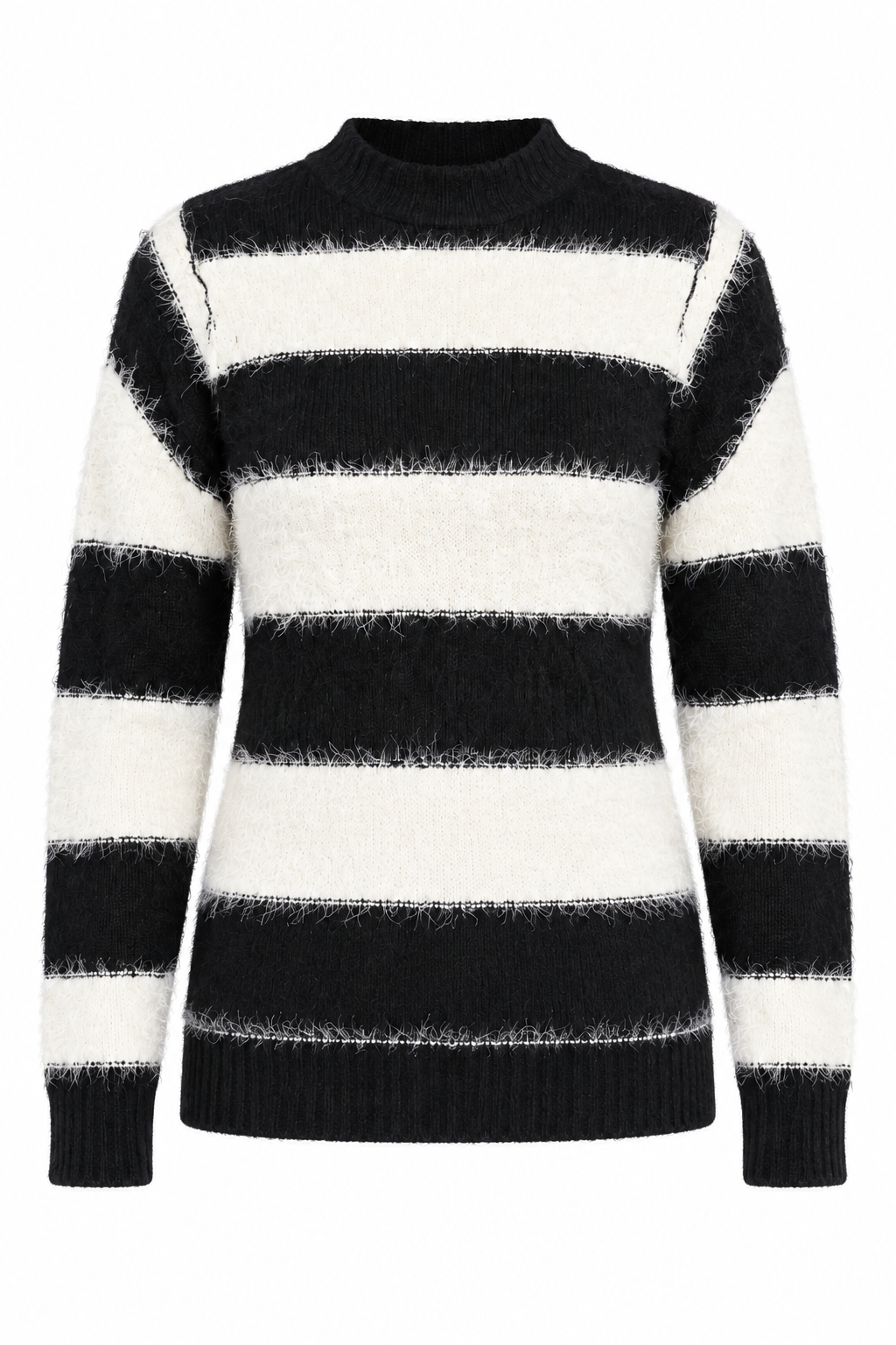   Blue Steel black and white fuzzy striped knit jumper in UK size M. Soft long-sleeve mock-neck sweater, ideal for cosy casual styling.