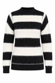   Blue Steel black and white fuzzy striped knit jumper in UK size M. Soft long-sleeve mock-neck sweater, ideal for cosy casual styling.