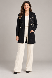   Blue Vanilla black pearl embellished cardigan in UK size S. Longline knit with an open front, long sleeves and two practical patch pockets.