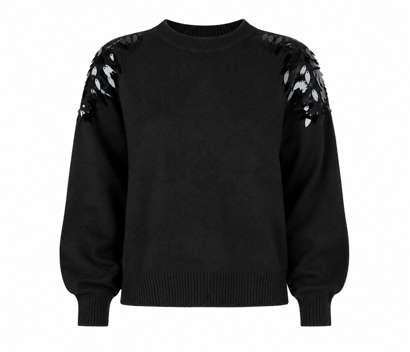  Blue Vanilla black knitted jumper in UK size M with stylish sequin shoulder detailing, long sleeves and ribbed trims. Perfect for casual and evening looks.