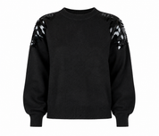  Blue Vanilla black knitted jumper in UK size M with stylish sequin shoulder detailing, long sleeves and ribbed trims. Perfect for casual and evening looks.