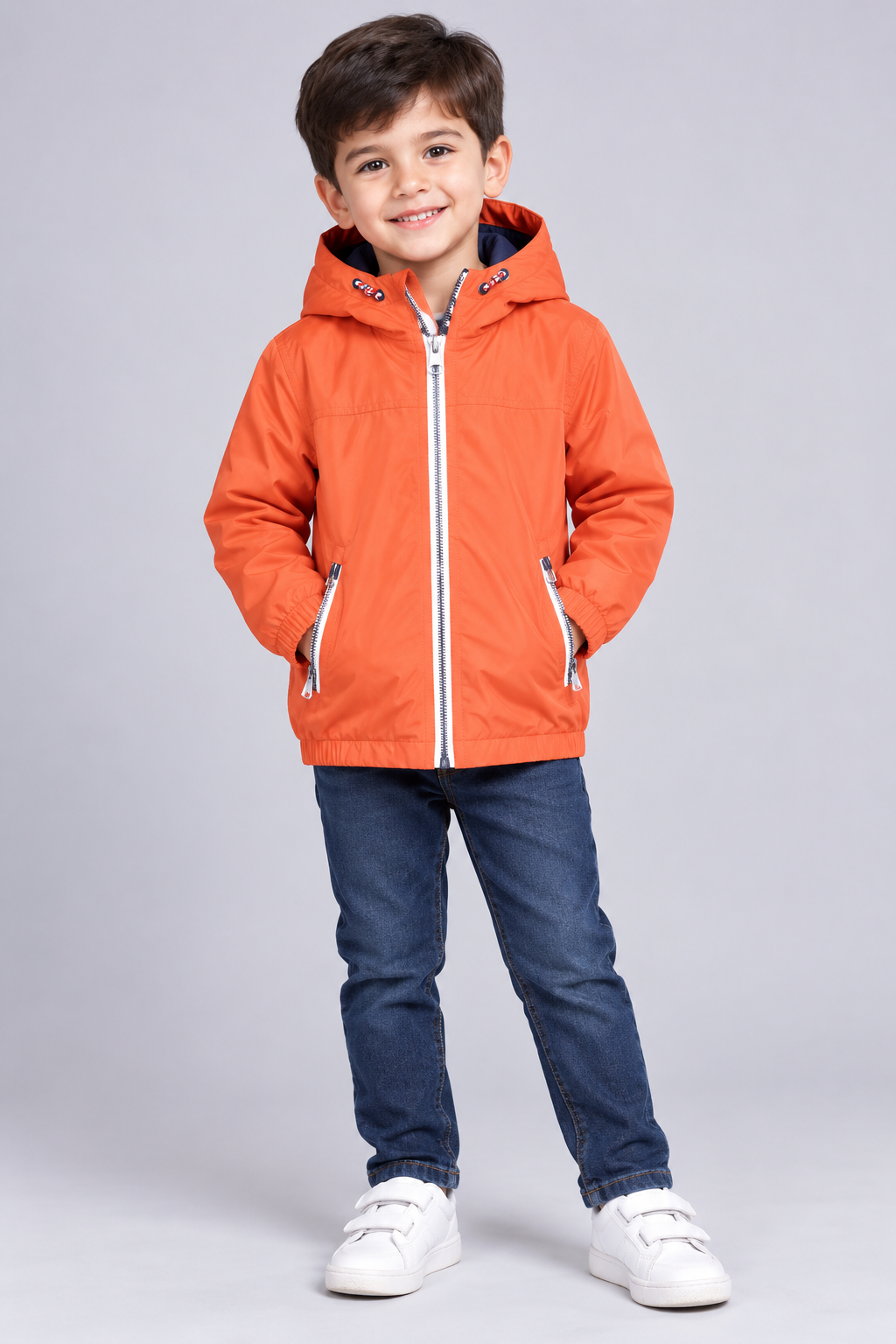 BLUE ZOO boys’ orange hooded jacket in UK size 5–6 years. Lightweight zip-up design with hood, two zipped pockets and elasticated cuffs.